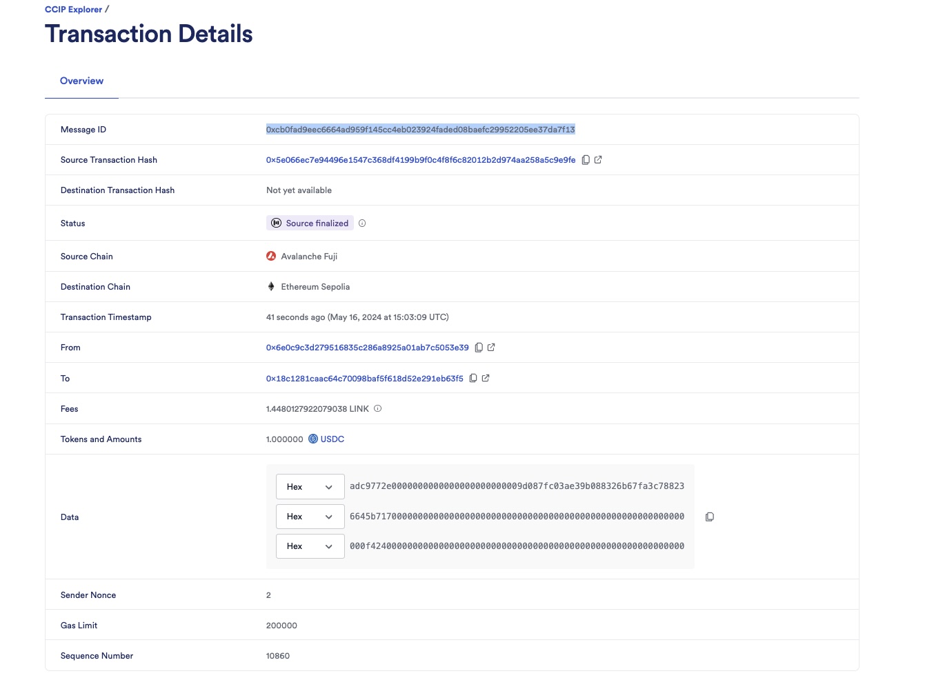 Chainlink CCIP Explorer transaction details